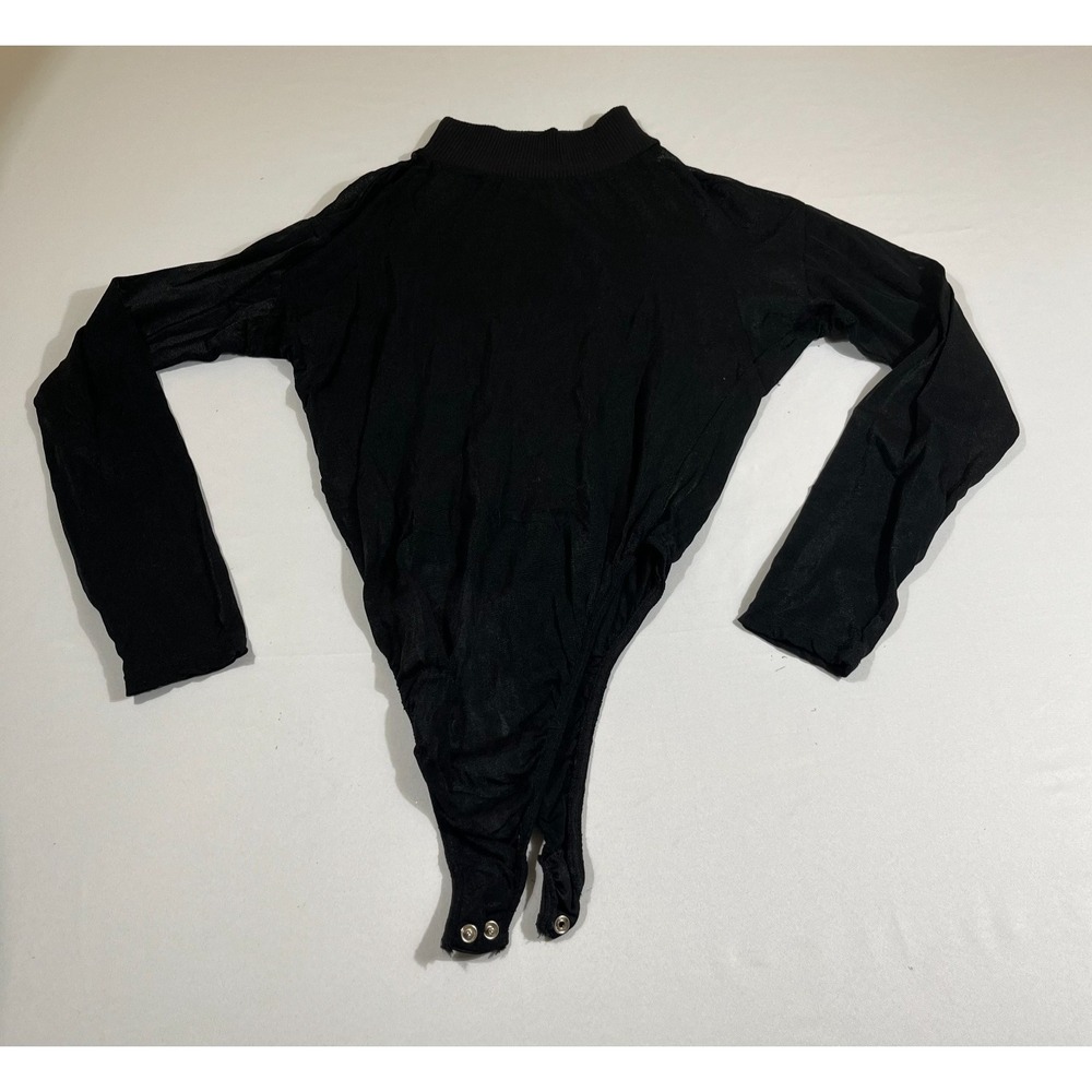 Black Mesh Bodysuit Mock Neck Long Sleeve Snap Crotch Y2K Goth See Through Sheer